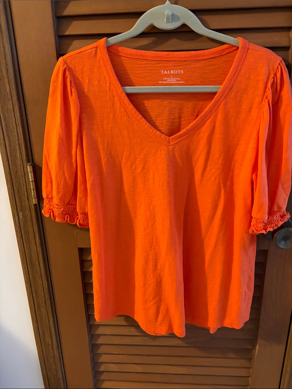 Talbots Bright Orange V-Neck Short Sleeve Top with Ruffle Cuffs